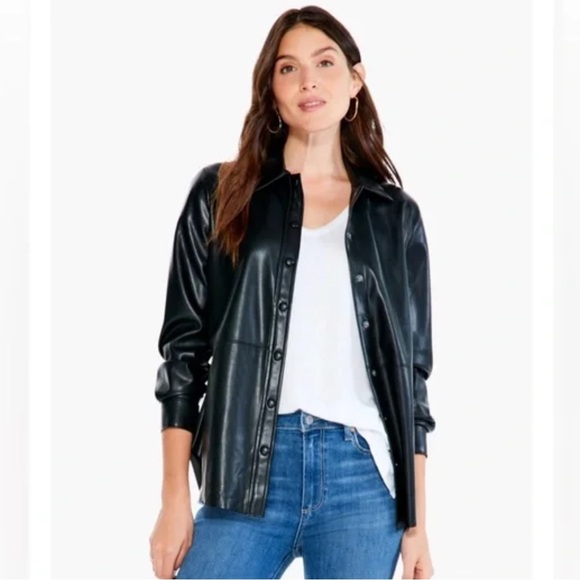 NIC+ZOE Tops - NIC+ZOE Black faux leather Lightweight Shirt Jacket with Spread Collar